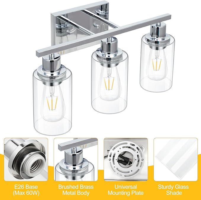 3 Light Vanity Light Fixtures, Polished Chrome Bathroom Wall Sconces, Modern - Image 5