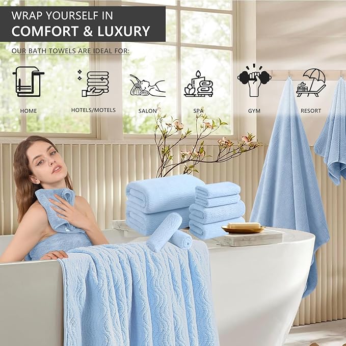 8 Piece Bath Towel Set Blue|2 Oversized Large Bath Sheet, 2 Hand Towels - Image 2