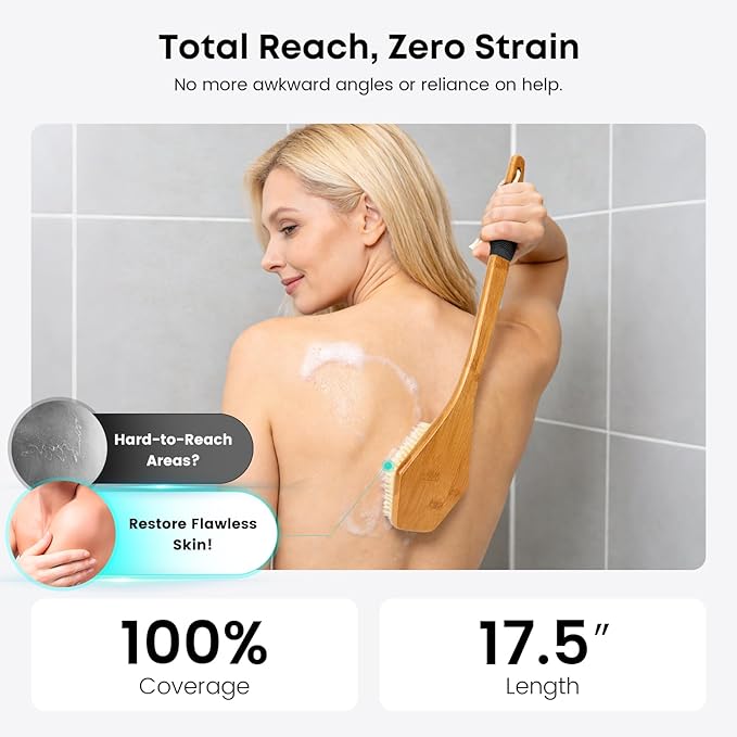 eaxun Bamboo Back Brush with Curved Long Handle, 17.5 Inches Shower Back - Image 3