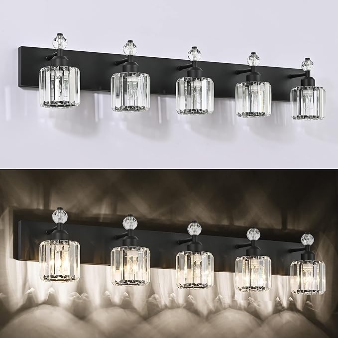 PRESDE 5-Light Crystal Bathroom Vanity Light Modern Matte Black Bathroom Lights - Image 5