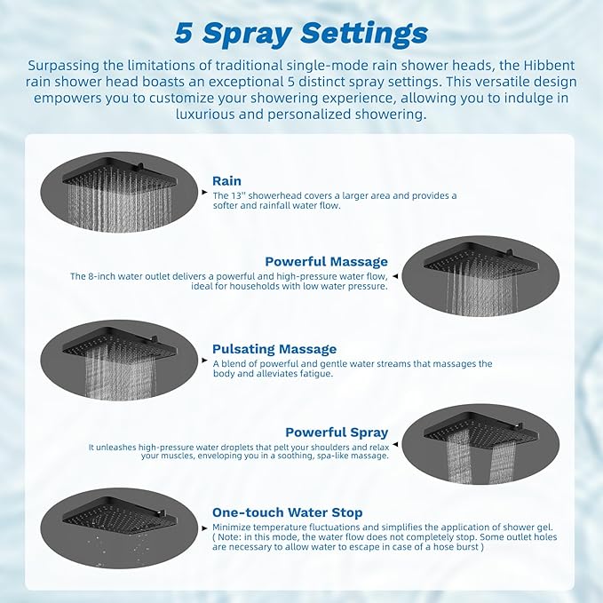 Hibbent 5-spray Dual Filtered Rainfall Shower Head Combo, High Pressure 13'' - Image 2