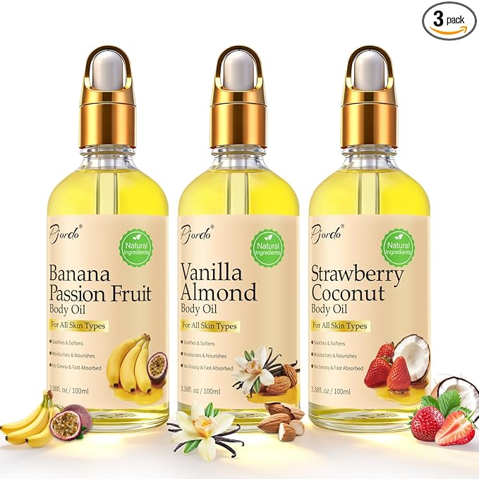 Pjordo 3 Pcs Body Oil with Banana Passion Fruit, Vanilla Almond & Strawberry by Pjordo