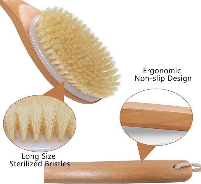 OWIIZI Bath Brushes with Soft and Natural Bristles Antiskid Wooden Long Handle - Image 4