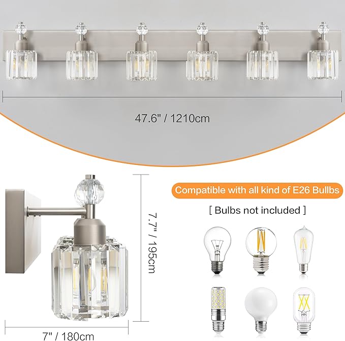 PRESDE Crystal 6-Light Bathroom Vanity Light Fixtures Brushed Nickel Modern - Image 3