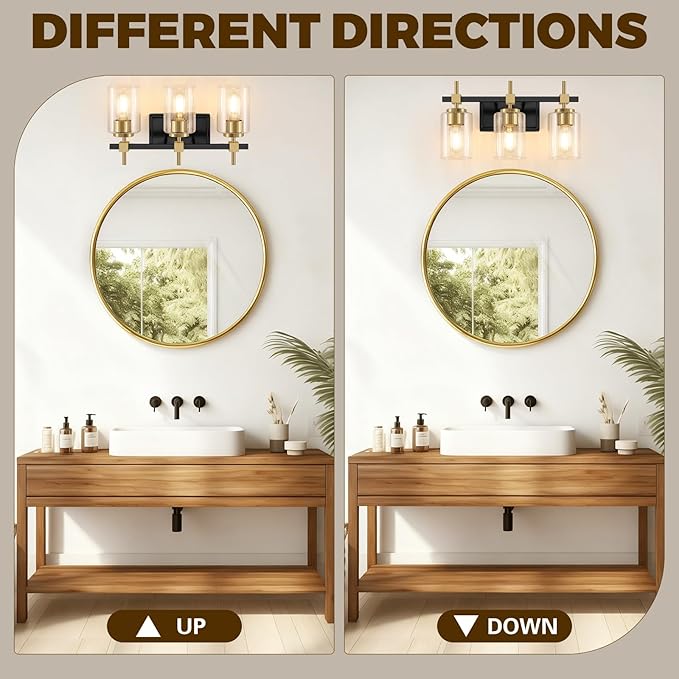 Asnxcju 3-Light Black and Gold Bathroom Light Fixtures, Vanity Lights - Image 5