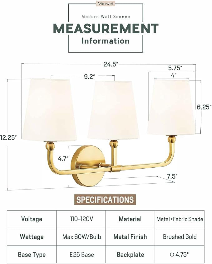 Bathroom Light Fixtures, Brushed Gold Vanity Lights - Image 3