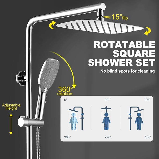 Rain Shower System with Shelf, 12 Inch Rain Shower Head Set with Hand Shower - Image 6