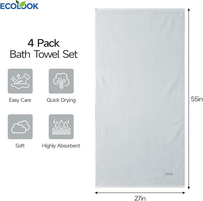ecolook Bath Towels Set of 4, 100% Cotton, 27 x 55 Inches, Quick-Drying & - Image 3