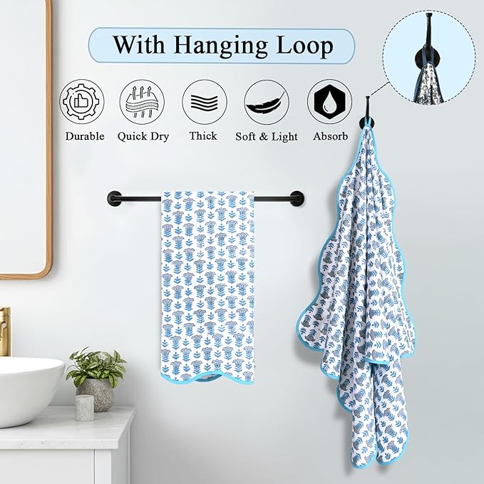 Ridhi Block Print Aquamarine Blue Cotton Spa Towel 27"x54" Set of 2 Handmade - Image 2
