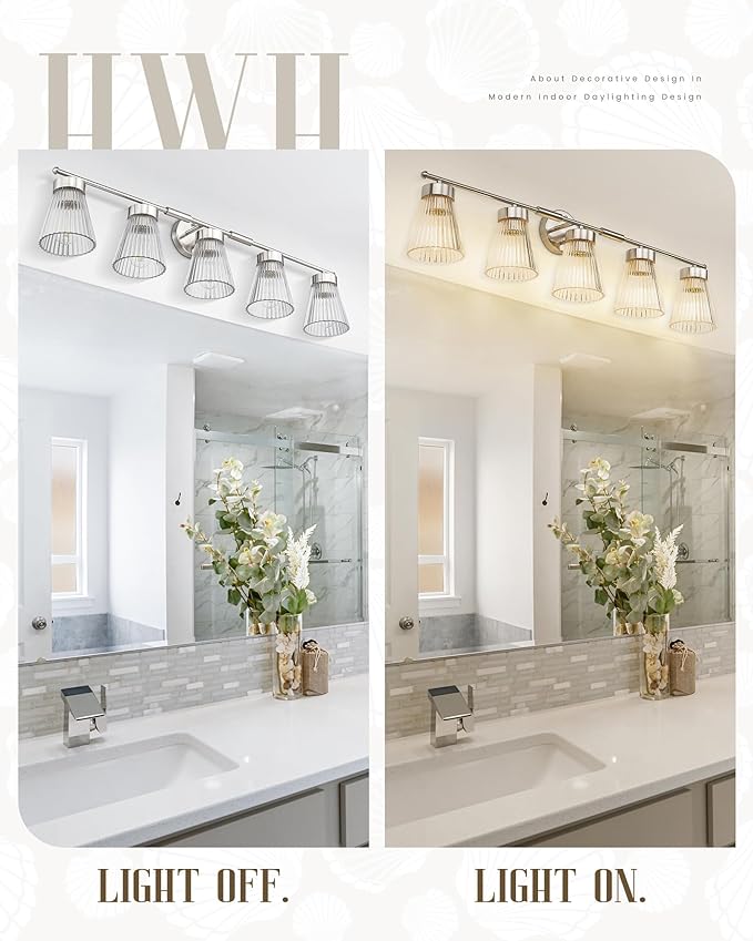 Brushed Nickel Bathroom Vanity Light, HWH 5-Light Bathroom Light Fixtures - Image 5