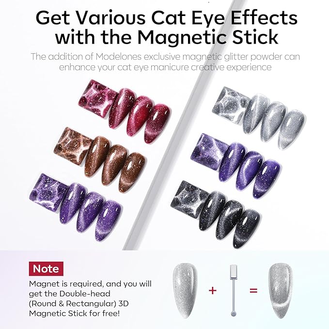 modelones Cat Eye Gel Nail Polish Set, 6 Colors Winter 9D Glassy Cat Eye - Image 2
