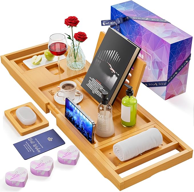 Original Wood Color Foldable Bamboo Bathtub Caddy, Bathtub Tray, Can Place Wine by Yirilan