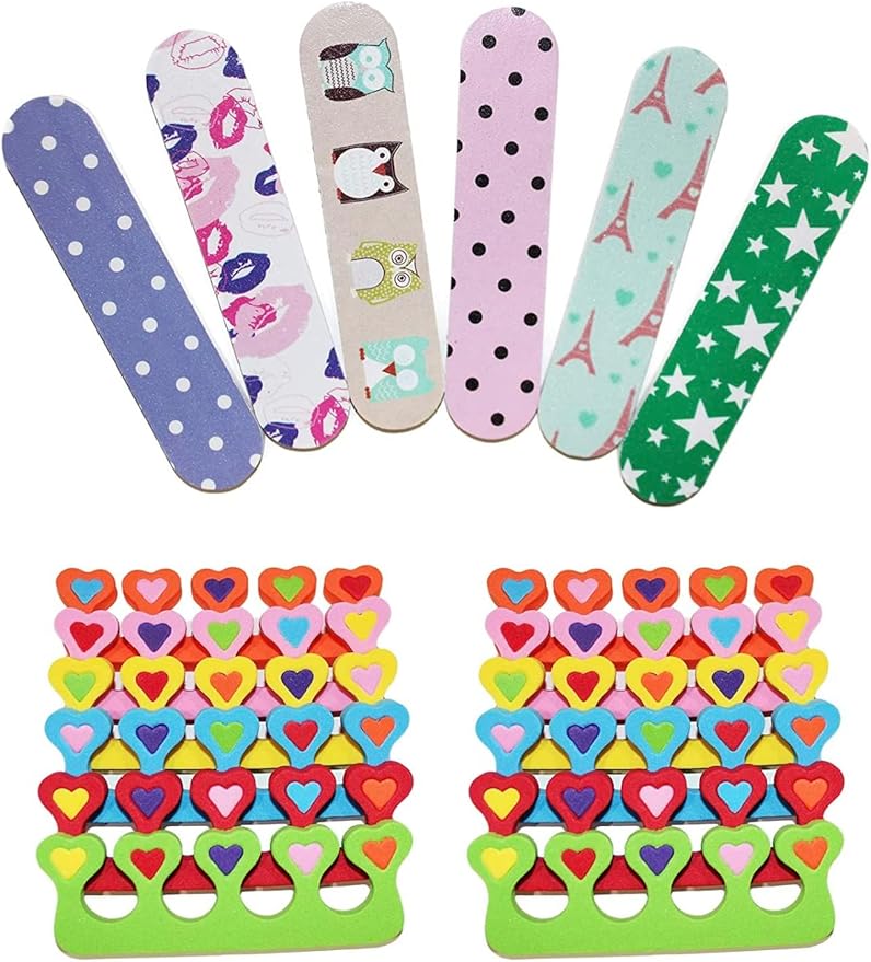 6 Pieces Colorful Girly Mini Emery Nail Files + 6 Pairs Heart Design Toe by ZMOI