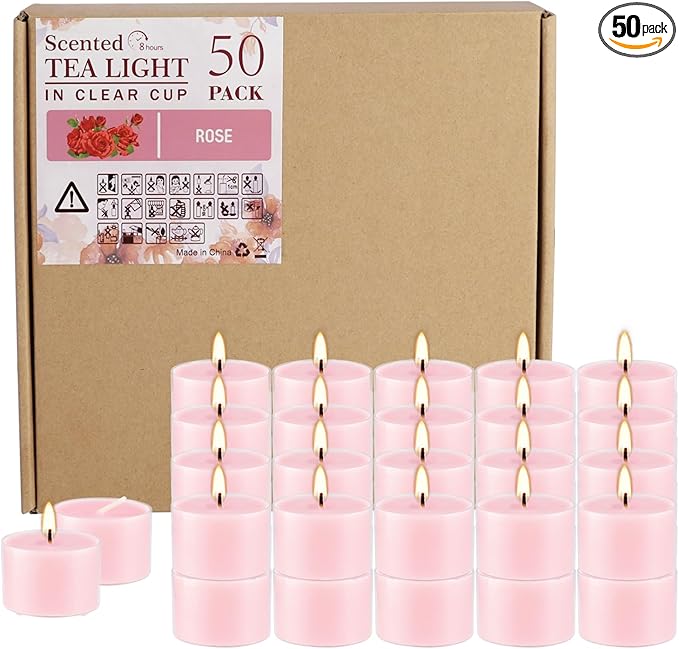 Rose Scented Candle Tealight Candles in Clear Cup, 8 Hours Consistent Smkless by Wfmolcand