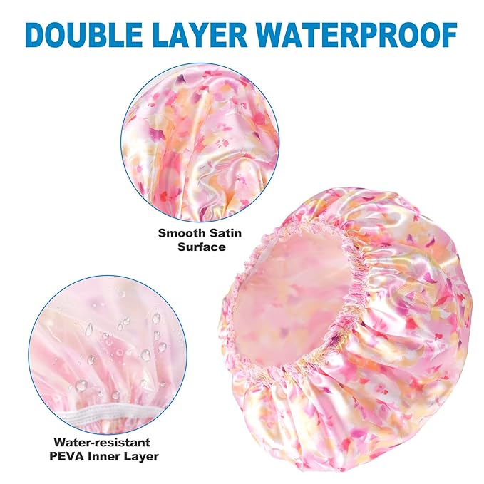 Shower Cap for Women Set of 4, Bath Caps, Double Layers Hair Caps + 3 Satin - Image 5
