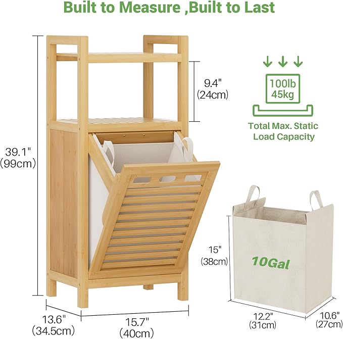 Homykic Tilt Out Laundry Hamper, 10 Gal Bamboo Laundry Storage Cabinet - Image 7