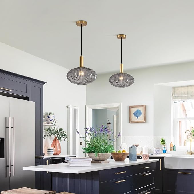 KCO Lighting Mid Century Modern Gold Glass Pendant Lighting Smoke Grey Globe - Image 4