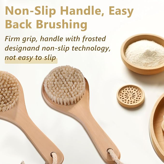 Dry Bath Body Brush with Short Handle, Natural Bristles Back Scrubber, - Image 6