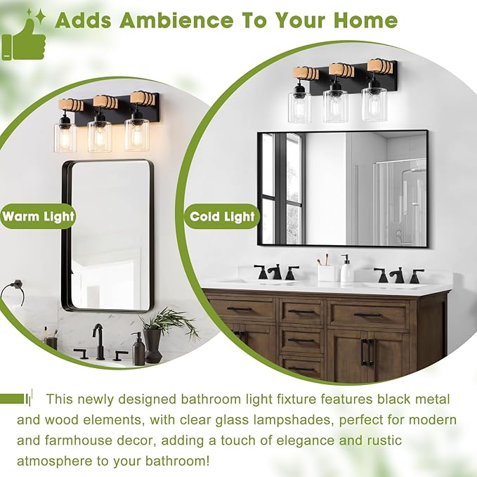 Licperron Farmhouse 3-Lights Wood Bathroom Vanity Light, Rustic Black Bathroom - Image 5