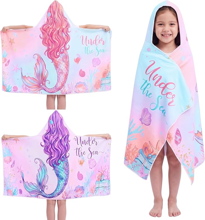 Peryiter 2 Pcs Mermaid Hooded Beach Towel Quick Dry Towels Swimming Bath Shower by Peryiter