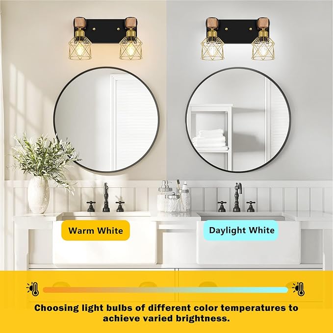 FadimiKoo Rustic Style Wood Bathroom Wall Sconces, 2-Light Black Gold Bathroom - Image 4