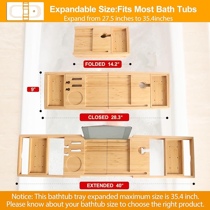 Banlilu Premium Natural Bamboo Expandable Bathtub Tray Caddy, Luxury Spa-Like - Image 4
