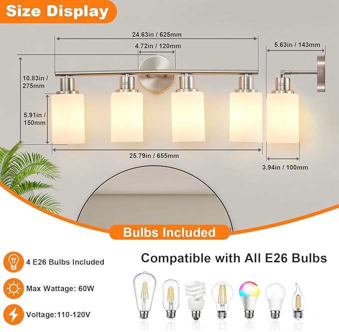 DLLT 4-Light Bathroom Light Fixtures: Nickel Modern Vanity Lights - Image 3