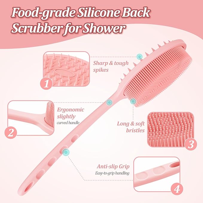 Silicone Back Scrubber & Bath Glove Set 2PCS, 13.4'' Gentle Shower Back Scrubber - Image 3