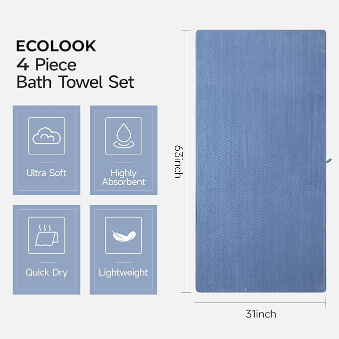 ecolook 4 Pack Microfiber Bath Towels, 31 x 63 inches Extra Large Bath Towel Set - Image 3