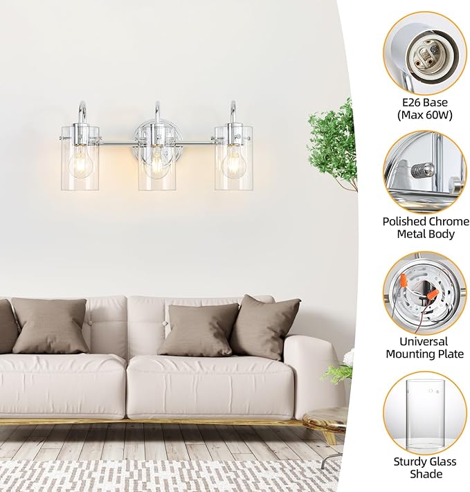3 Lights Vanity Light, Polished Chrome Bathroom Wall Light Fixture Over Mirror - Image 4