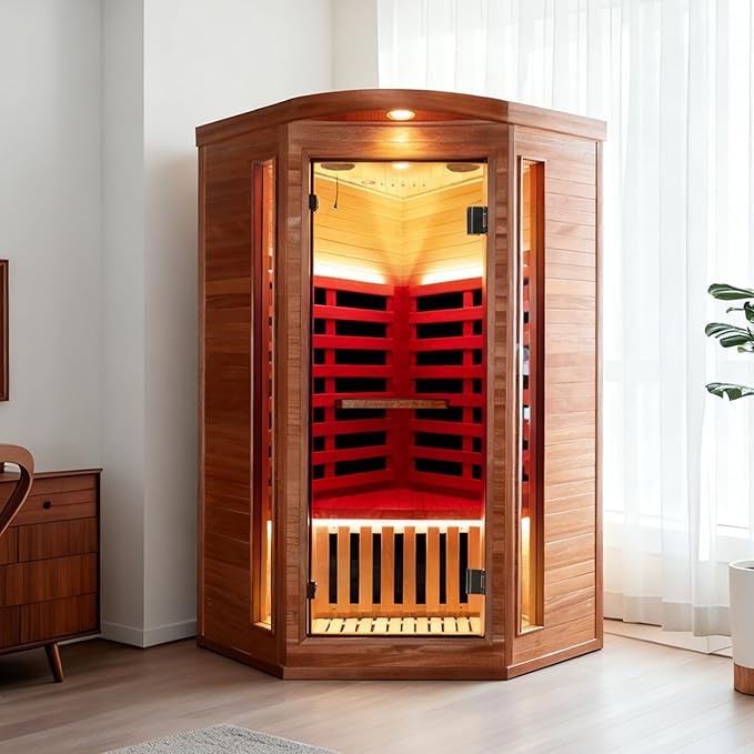 OUTEXER Corner Sauna for One Person Far Infrared Sauna Low-EMF African Mahogany - Image 7