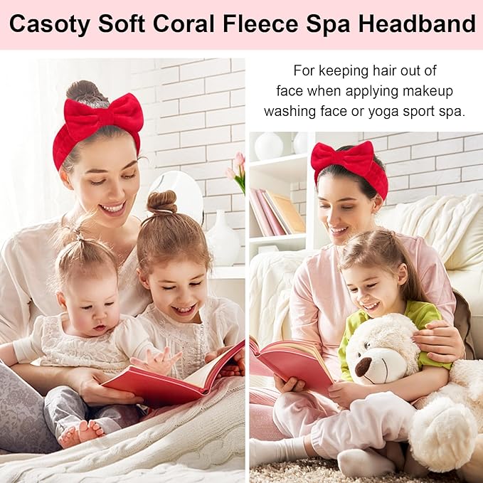 Casoty 6 Pcs Red Spa Headbands, Skin Care Headband, Soft Coral Fleece Makeup - Image 4