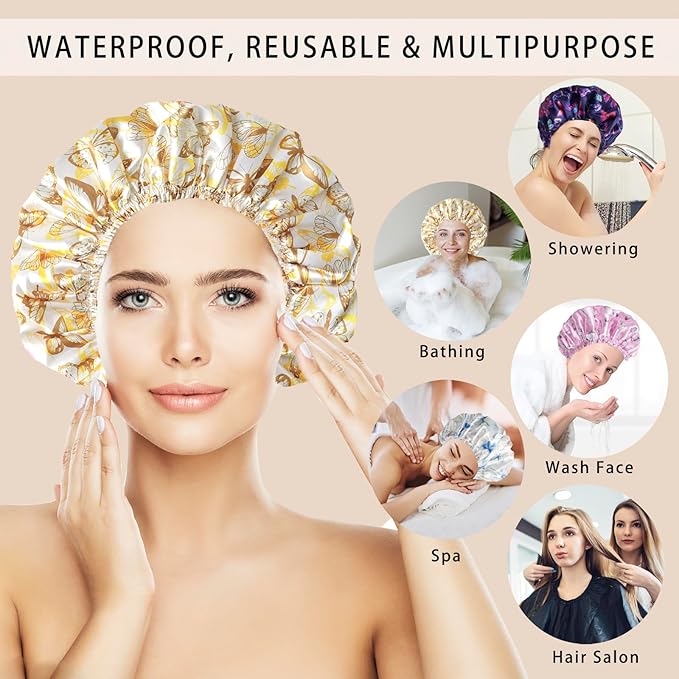 Shower Cap for Women, Double Layers Shower Caps Reusable Waterproof, Bathing - Image 3