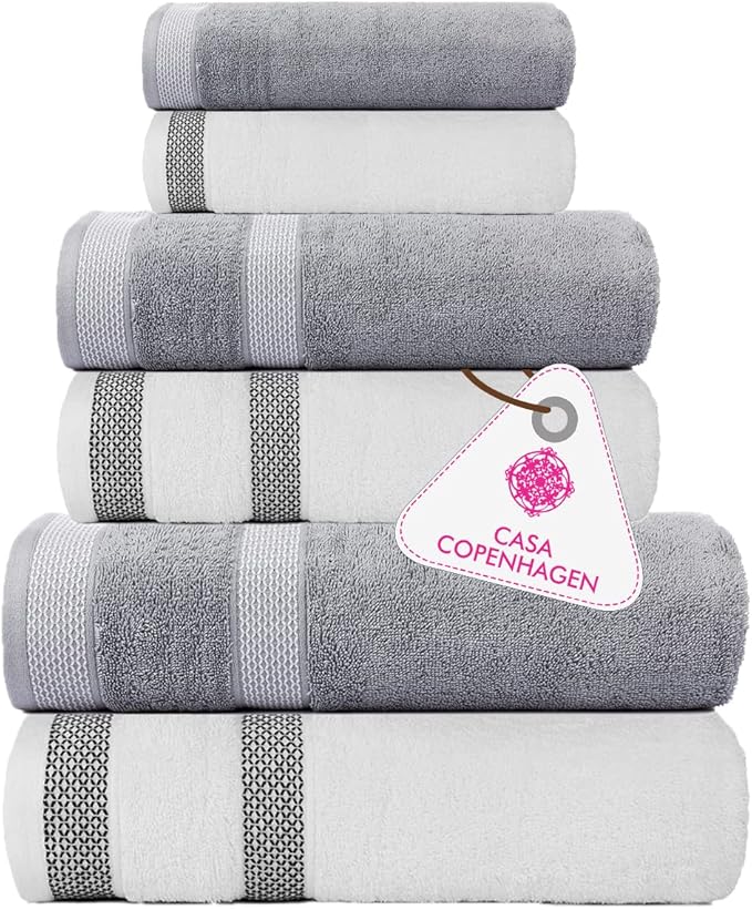 CASA COPENHAGEN Solitaire Mix 6 Pieces Towel Set- White + Grey Violet, 600 GSM by CASACOPENHAGEN