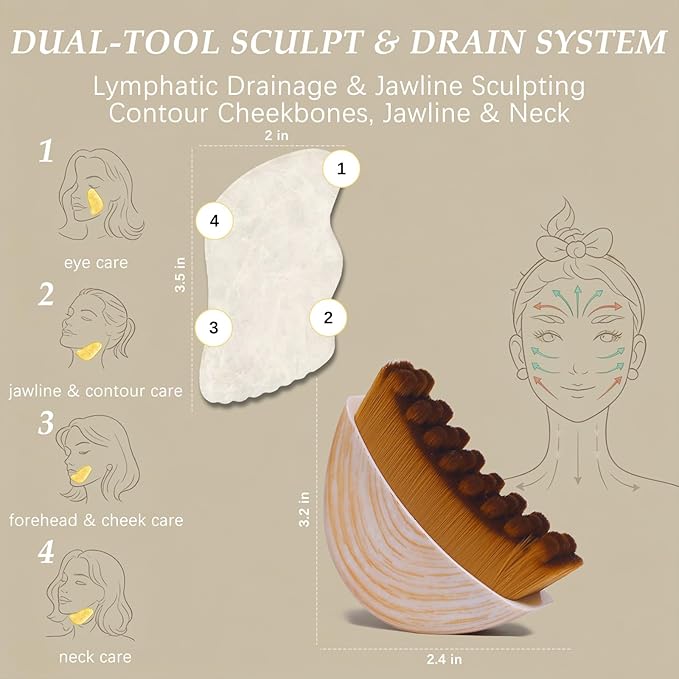 Lymphatic Contour Face Brush & White Jade Gua Sha Stone, Lymphatic Drainage - Image 3