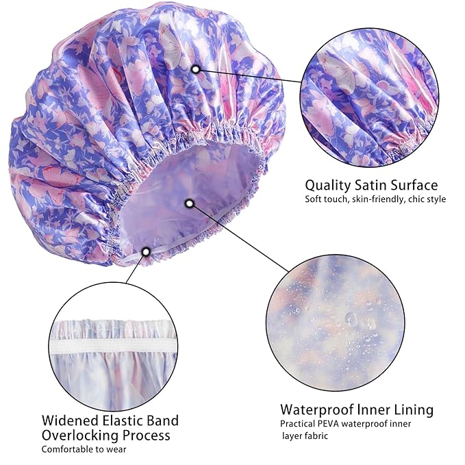Shower Cap for Women, Double Layers Shower Caps Reusable Waterproof, Bathing - Image 5