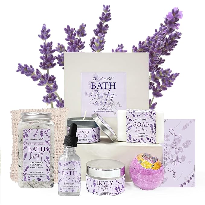 Lavender Spa Gift Set for Women, Luxury 9 Pcs Bath Salts Set, Relaxation Gifts by PEARLWORLD