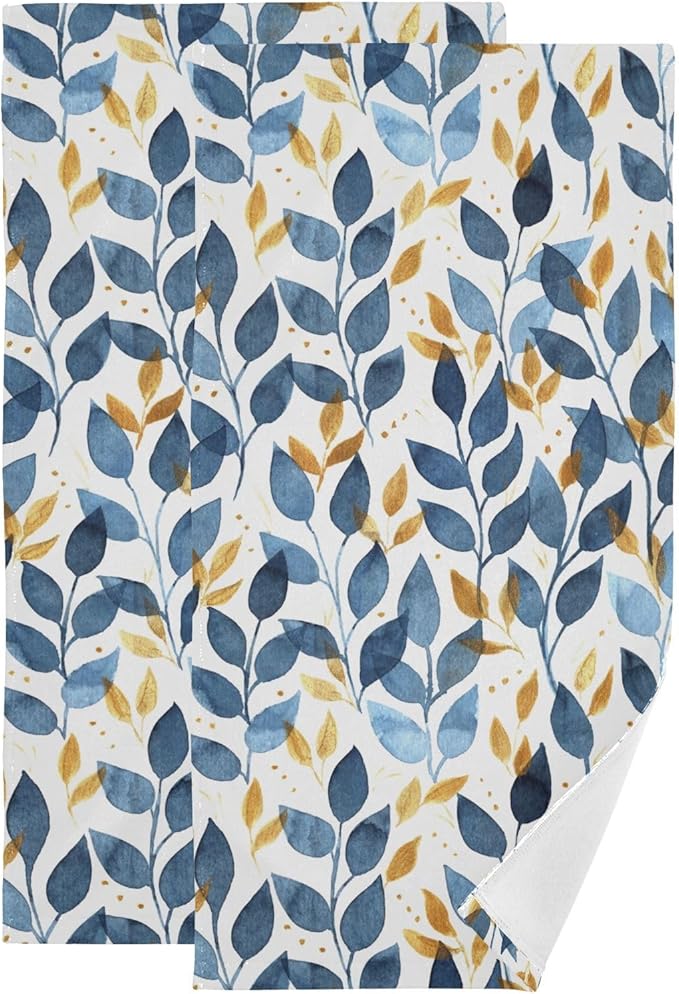 Blue and Gold Leave Branches Hand Towels by Unknown