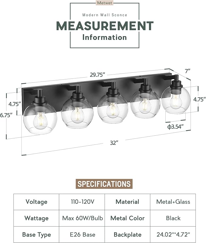 Bathroom Light Fixtures, 5 Light Matte Black Vanity Light, 32 Inch Modern Wall - Image 2