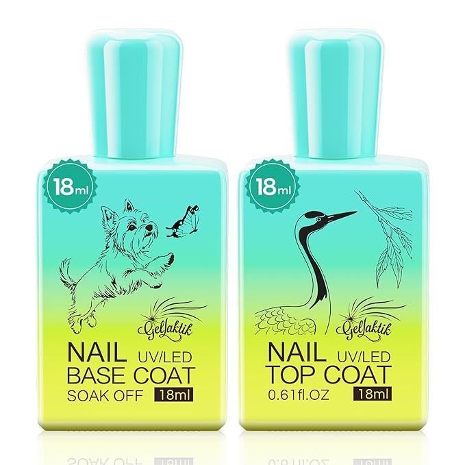 2 Pcs 18ml Gel Base Coat and Pink Glossy Top Coat Set No Wipe Foundation by GELLAKTIK