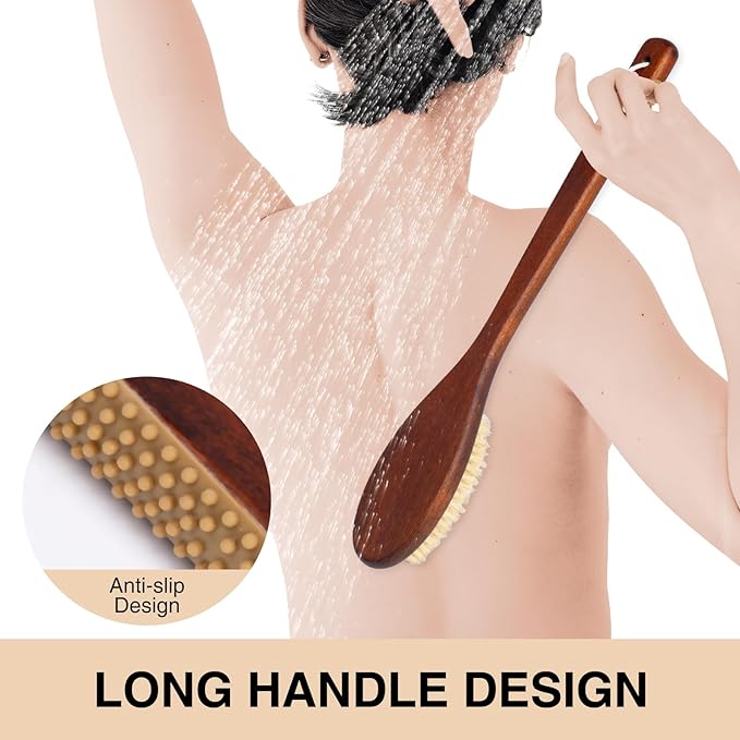 Wooden Bath Brush with Stiff Sisal Bristles Long Handle - Image 3