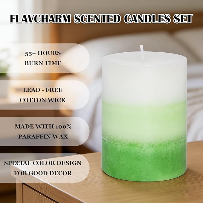 Pillar Candles 3x4 Inch Eucalyptus Scented Hand-Poured Layered Green Gradient - Image 4