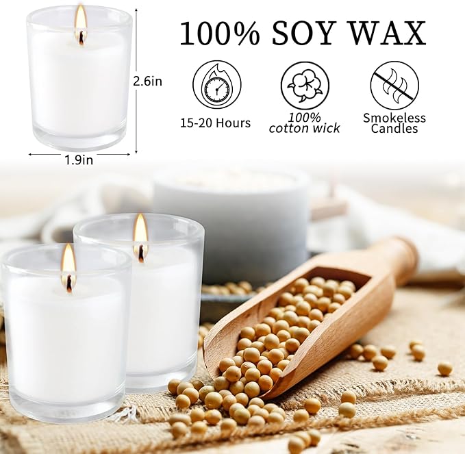 YOROXRG 48 Pack White Unscented Clear Glass Filled Votive Candles. Hand Poured - Image 7