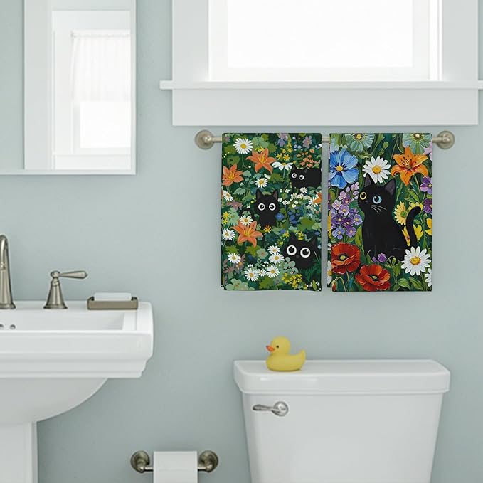 Accnicc 2 Pack Black Cat Bathroom Hand Towels Decorative Green Plant Daisy - Image 4