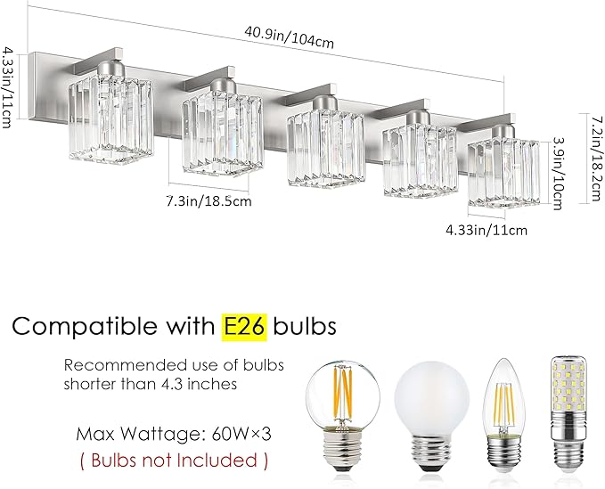 Aipsun Brushed Nickel Bathroom Lighting Fixtures 5 Light Vanity Light Crystal - Image 6