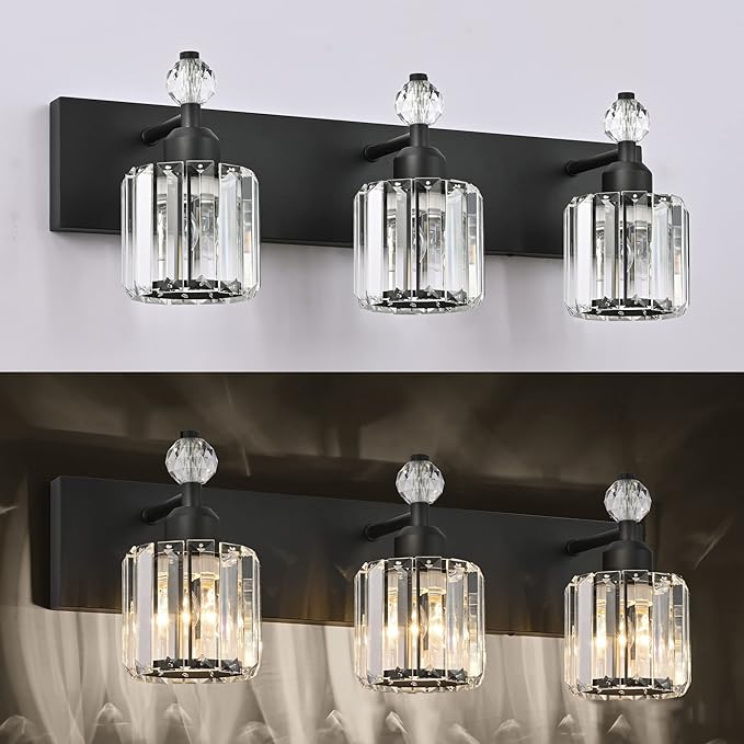 PRESDE Crystal 3 Light Bathroom Vanity Lights Modern Matte Black Bathroom - Image 5