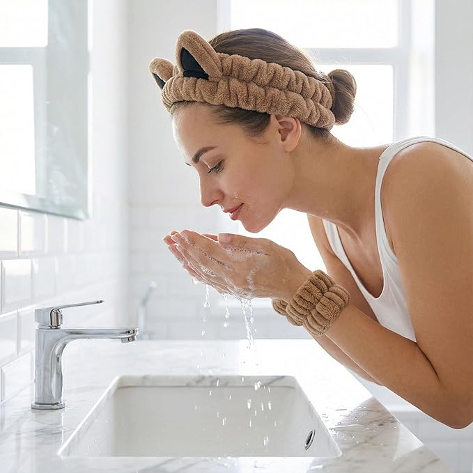 Cat Ears Headband, Cute Spa Headband and Wristband Set Washing Face Skincare - Image 2