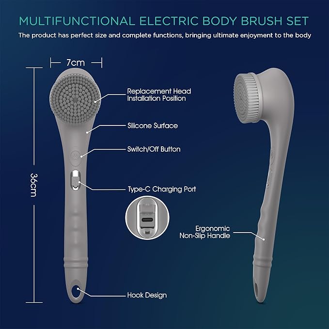 VOYOR Electric Body Brush Back Scrubber Silicone Body Scrubber Two-Way Rotating - Image 6