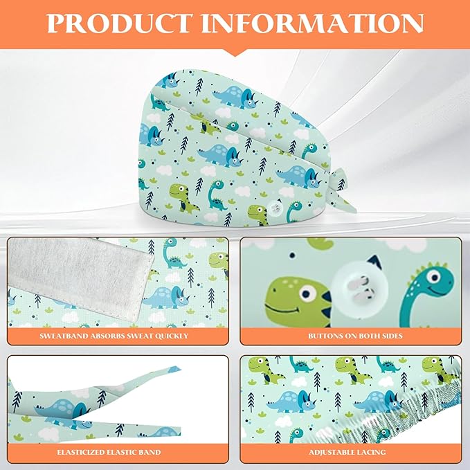 Adjustable Scrub Cap with Buttons & Sweatband, Working Hat with Elastic Tie Back - Image 2