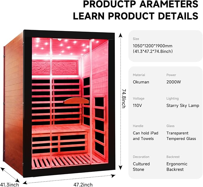 OUTEXER Infrared Sauna 2000W Wooden Saunas Home Spa Room Wood Low-EMF Indoor - Image 4